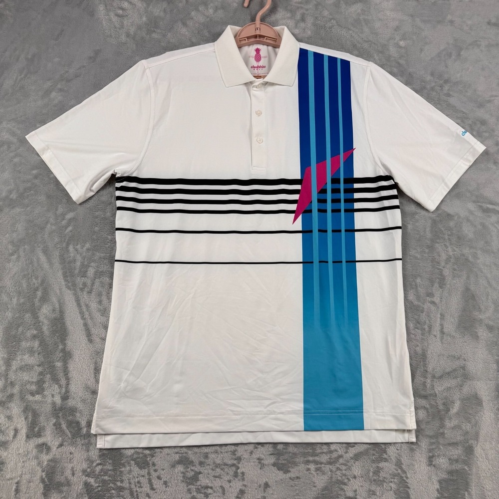 Chubbies Golf Polo Shirt Mens M White Blue Striped Quick Dry Moisture Wick Retro